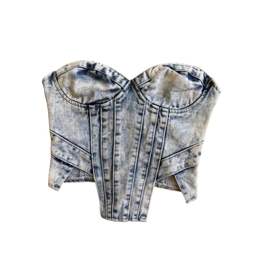 Pretty Little Thing Denim Corset Bustier Top Strapless Acid Wash Crop Top Size 0